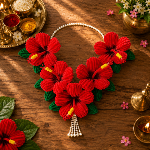 Red Hibiscus (Jaswand) Flower Mala for Ganpati Bappa- 5 Flowers (22 inches)