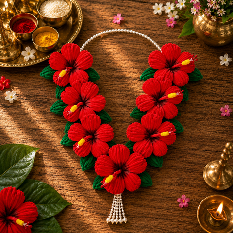 Red Hibiscus (Jaswand) Flower Mala for Ganpati Bappa