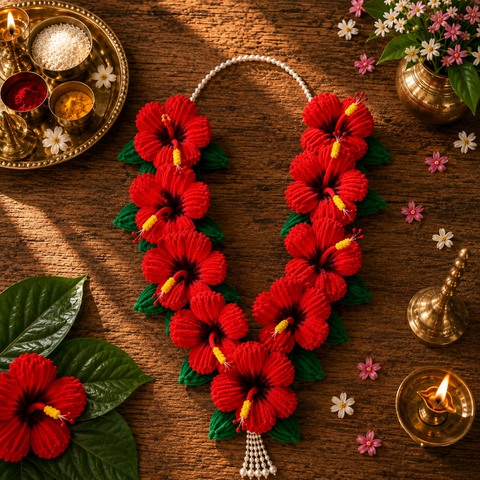 Red Hibiscus (Jaswand) Flower Mala for Ganpati Bappa