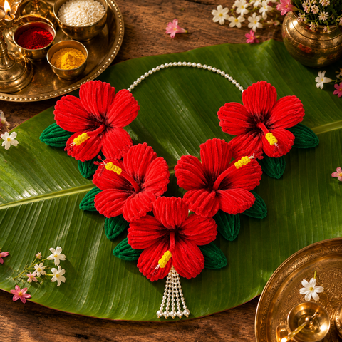 Red Hibiscus (Jaswand) Flower Mala for Ganpati Bappa- 5 Flowers (22 inches)
