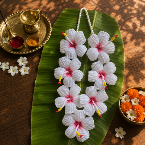 White Hibiscus (Jaswand) Flower Mala- 7 Flowers (23 inches)