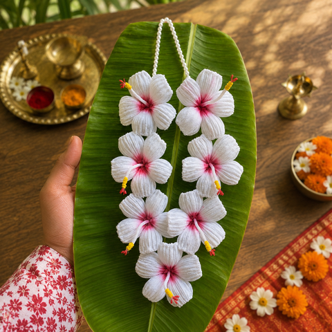 White Hibiscus (Jaswand) Flower Mala- 7 Flowers (23 inches)