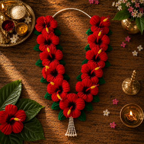 Red Hibiscus (Jaswand) Flower Mala for Ganpati Bappa