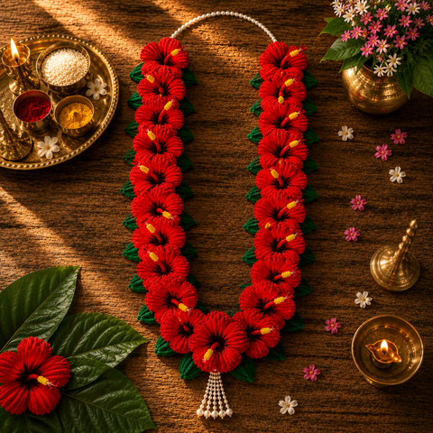 Red Hibiscus (Jaswand) Flower Mala for Ganpati Bappa
