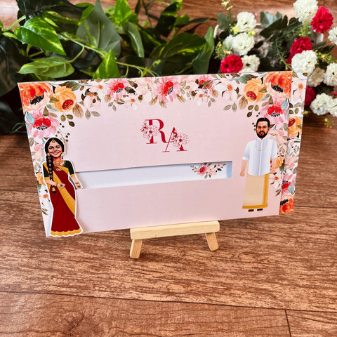 Floral South Indian Caricature Wedding Invitation / Sliding wedding cards / Caricature Sliding invites / Customised Invitation, Sliding cards (25 pcs)