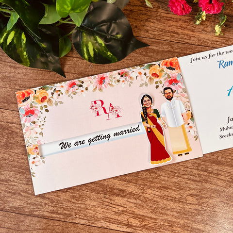 Floral South Indian Caricature Wedding Invitation / Sliding wedding cards / Caricature Sliding invites / Customised Invitation, Sliding cards (25 pcs)