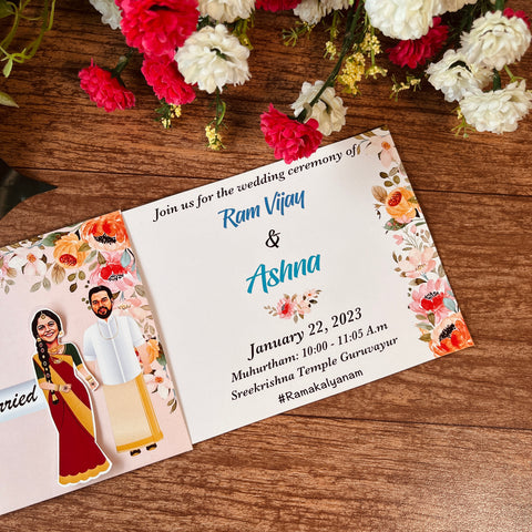 Floral South Indian Caricature Wedding Invitation / Sliding wedding cards / Caricature Sliding invites / Customised Invitation, Sliding cards (25 pcs)