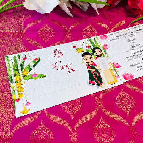 Maharashtrian Bride/South Indian Groom Hindu Wedding Invitation / Sliding wedding cards / Caricature Sliding invites / Customised Invitation, Sliding cards (25 pcs)