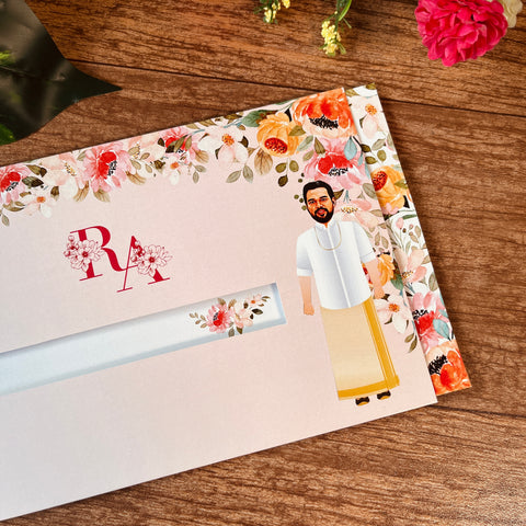 Floral South Indian Caricature Wedding Invitation / Sliding wedding cards / Caricature Sliding invites / Customised Invitation, Sliding cards (25 pcs)