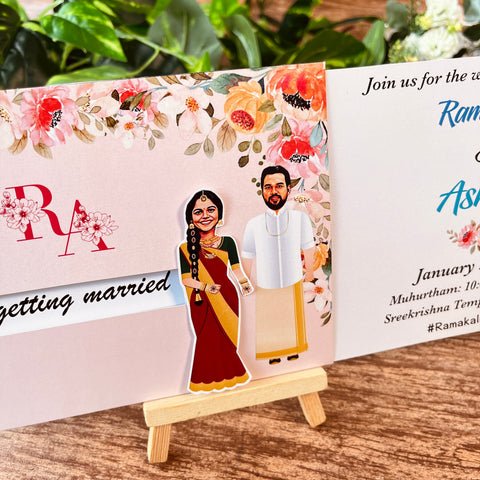 Floral South Indian Caricature Wedding Invitation / Sliding wedding cards / Caricature Sliding invites / Customised Invitation, Sliding cards (25 pcs)