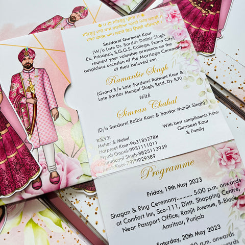 Punjabi Couple Caricature Wedding Invitation / Sindhi Sliding wedding cards / Caricature Sliding invites / Customised Invitation, Double Cards Sliders (25 pcs)