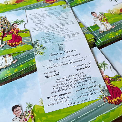 South Indian Caricature Wedding Invitation / Groom chasing Bride Sliding wedding cards / Caricature Sliding invites / Customised Invitation, Double Cards Sliders (25 pcs)