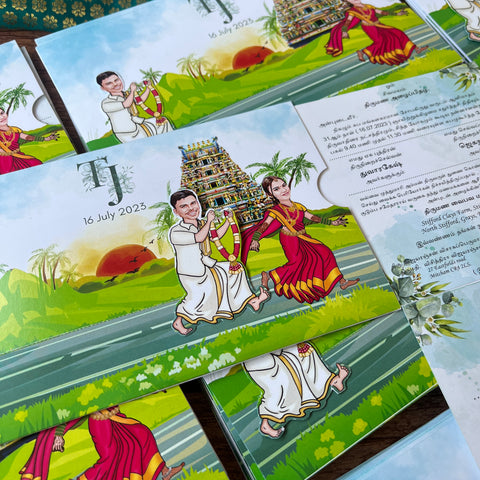 South Indian Caricature Wedding Invitation / Groom chasing Bride Sliding wedding cards / Caricature Sliding invites / Customised Invitation, Double Cards Sliders (25 pcs)