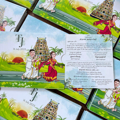 South Indian Caricature Wedding Invitation / Groom chasing Bride Sliding wedding cards / Caricature Sliding invites / Customised Invitation, Double Cards Sliders (25 pcs)