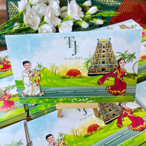 South Indian Caricature Wedding Invitation / Groom chasing Bride Sliding wedding cards / Caricature Sliding invites / Customised Invitation, Double Cards Sliders (25 pcs)