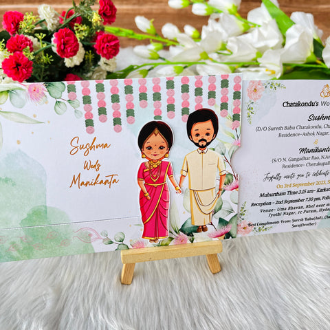 Floral South Indian Wedding Invitation / Sliding Hanging flowers wedding cards / Sliding invites / Customised Invitation, Sliding cards (25 pcs)