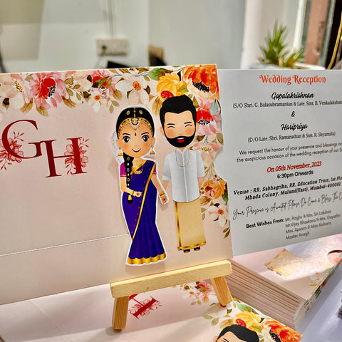 Floral South Indian Caricature Wedding Invitation / Sliding wedding cards / Customised Invitation, Sliding cards (25 pcs)