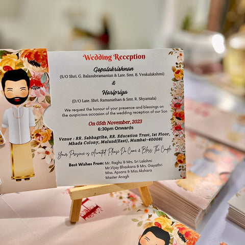Floral South Indian Caricature Wedding Invitation / Sliding wedding cards / Customised Invitation, Sliding cards (25 pcs)