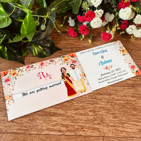 Floral South Indian Caricature Wedding Invitation / Sliding wedding cards / Caricature Sliding invites / Customised Invitation, Sliding cards (25 pcs)