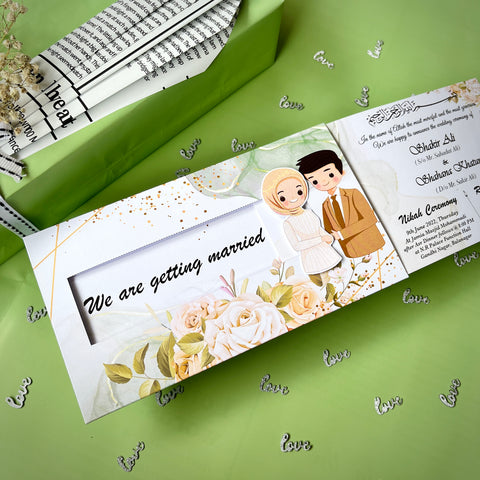 Muslim Floral Green Wedding Invitation / Sliding Engagement cards / Sliding Nikah invites / Customised Invitation, Sliding cards (25 pcs)