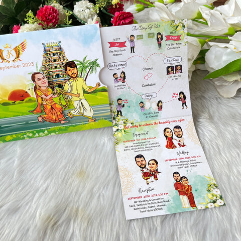 South Indian Caricature Wedding Invitation / Bride chasing Groom Sliding wedding cards / Caricature Sliding invites / Customised Invitation, Double Cards Sliders (25 pcs)