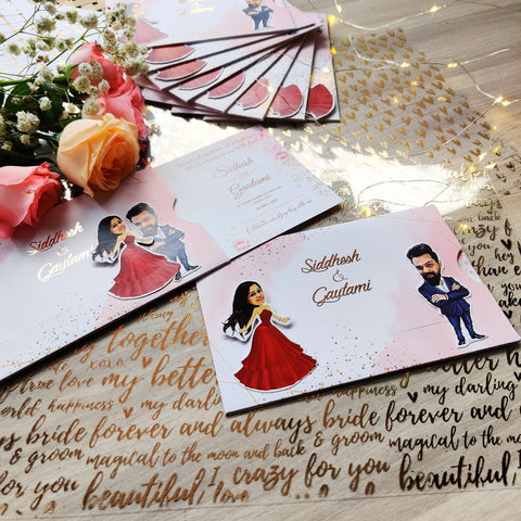 Western Caricature Wedding Invitation / Sliding wedding cards / Caricature Sliding invites / Customised Invitation, Sliding cards (25 pcs)