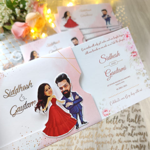 Western Caricature Wedding Invitation / Sliding wedding cards / Caricature Sliding invites / Customised Invitation, Sliding cards (25 pcs)