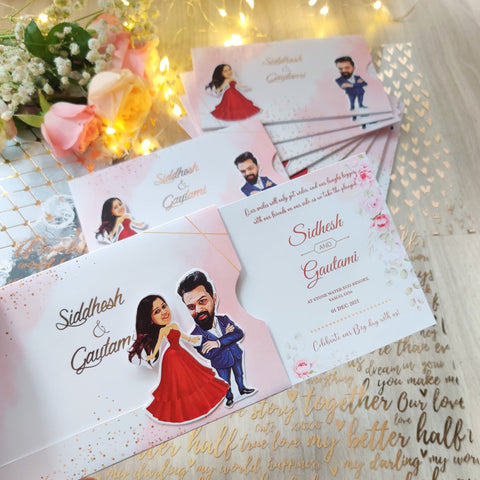 Western Caricature Wedding Invitation / Sliding wedding cards / Caricature Sliding invites / Customised Invitation, Sliding cards (25 pcs)